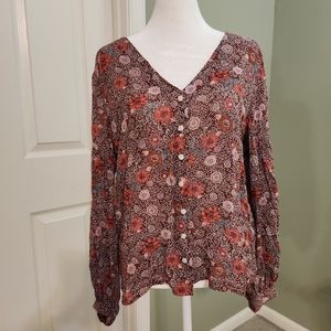 Lucky Brand mauve floral long sleeve peasant blouse size M